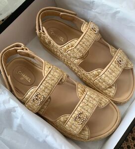chanel beige hessian sandals